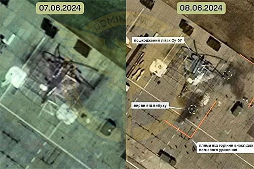 Zdjęcia satelitarne z 7 i 8 czerwca 2024 opublikowane przez GUR MO Ukrainy, które mają potwierdzać sukces ataku ukraińskich bbsl na rosyjski myśliwiec wielozadaniowy nowej generacji Su-57. Ich jakość nie pozwala jednak na jednoznaczną ocenę skutków operacji. Póki co, w Internecie pojawiają się skrajne różne opinie na ten temat